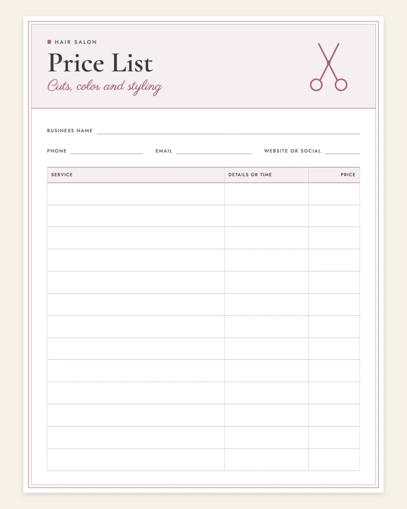 Hair salon price list table up close: service, details or time and price columns with 13 empty rows