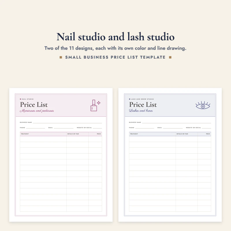 Price list pages for a nail studio in pink and a lash and brow studio in blue