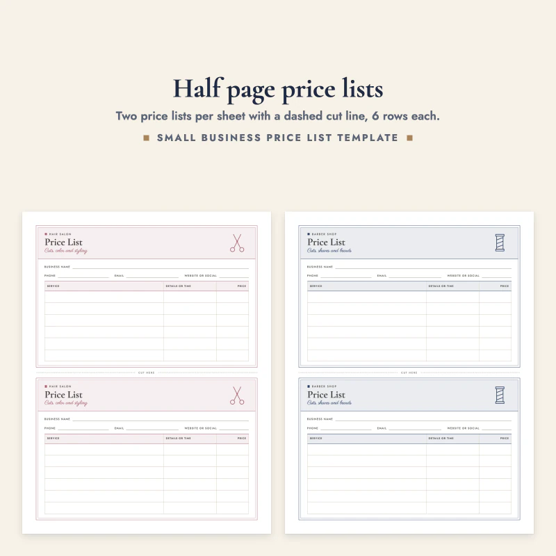 Two half page price list sheets, each with two lists above and below a dashed cut line
