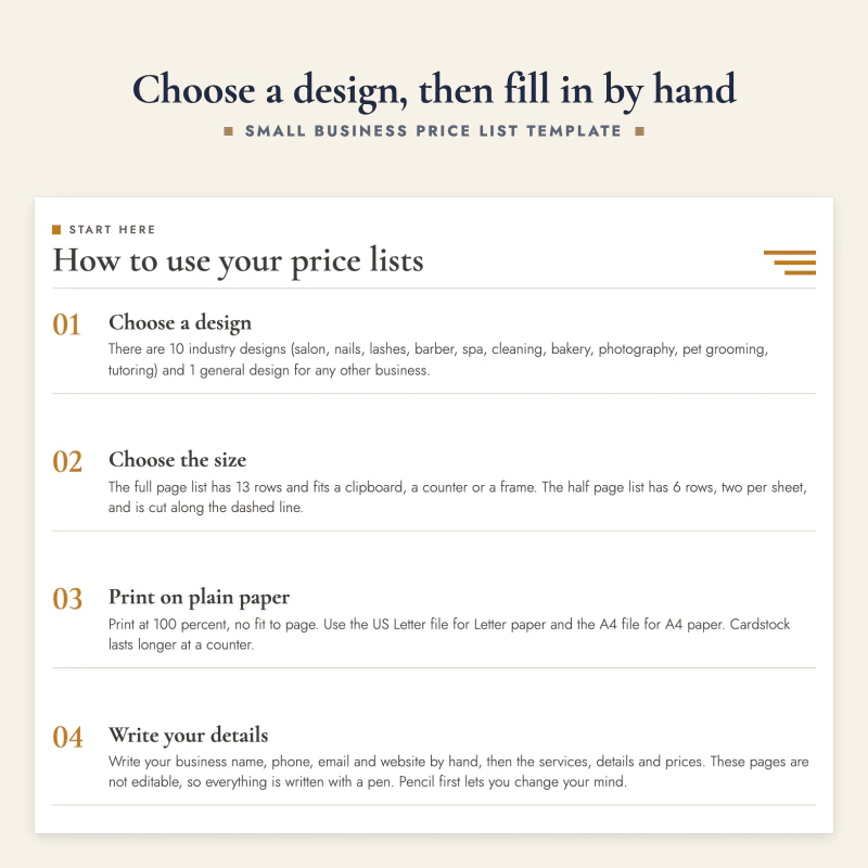 Start here page: choose a design, choose the size, print on plain paper, write your details and update when prices change