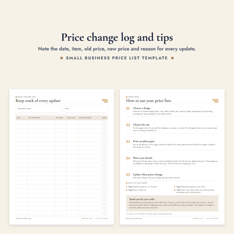 Price change log page with a table, next to the how to use your price lists page