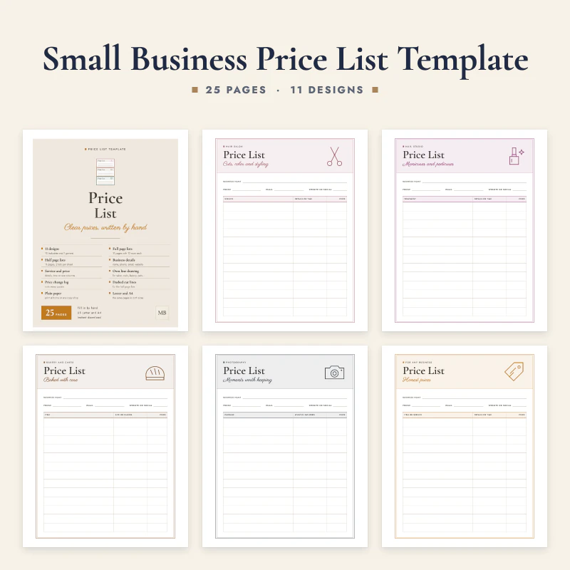 Small business price list template: the cover and five price list pages, hair salon, nail studio, bakery, photography and a general design