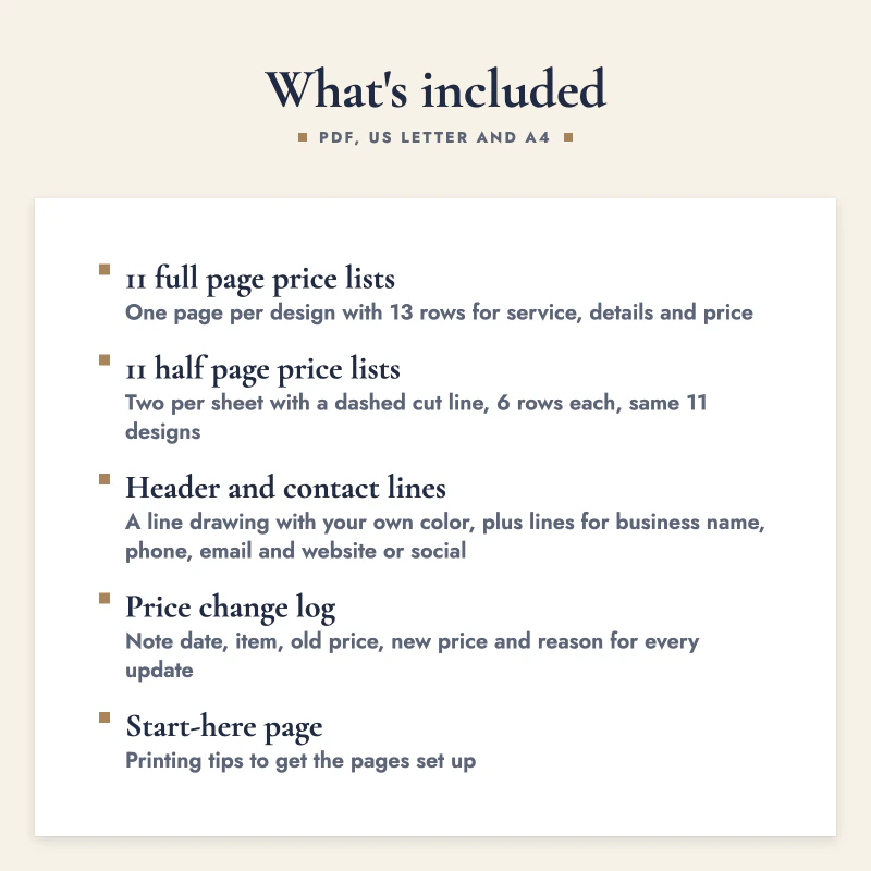 List of what is included in Small Business Price List Template: 11 full page price lists, 11 half page price lists, Header and contact lines, Price change log, Start-here page.