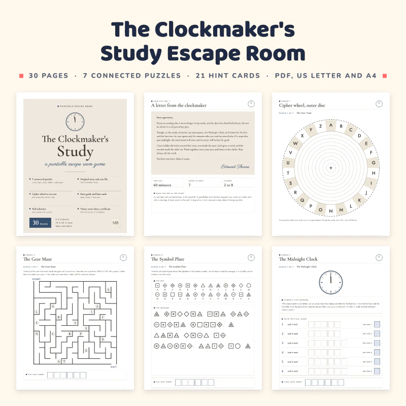 Printable Escape Room: The Clockmaker's Study, cover image