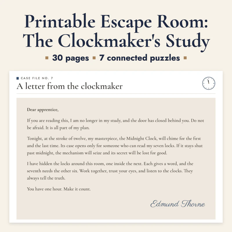 Printable Escape Room: The Clockmaker's Study, cover image