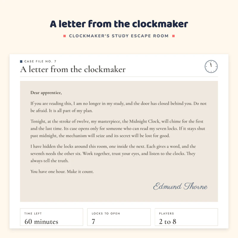 Case file page with a letter from the clockmaker Edmund Thorne, with time left 60 minutes, 7 locks to open and 2 to 8 players