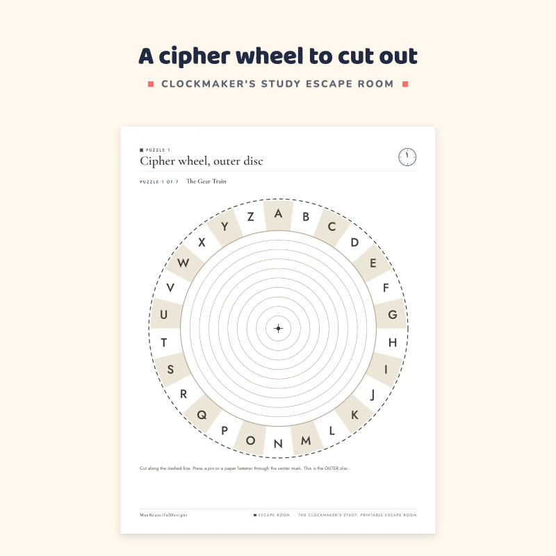 Puzzle 1 cipher wheel page: an outer disc with the alphabet to cut out and a coded message to decode