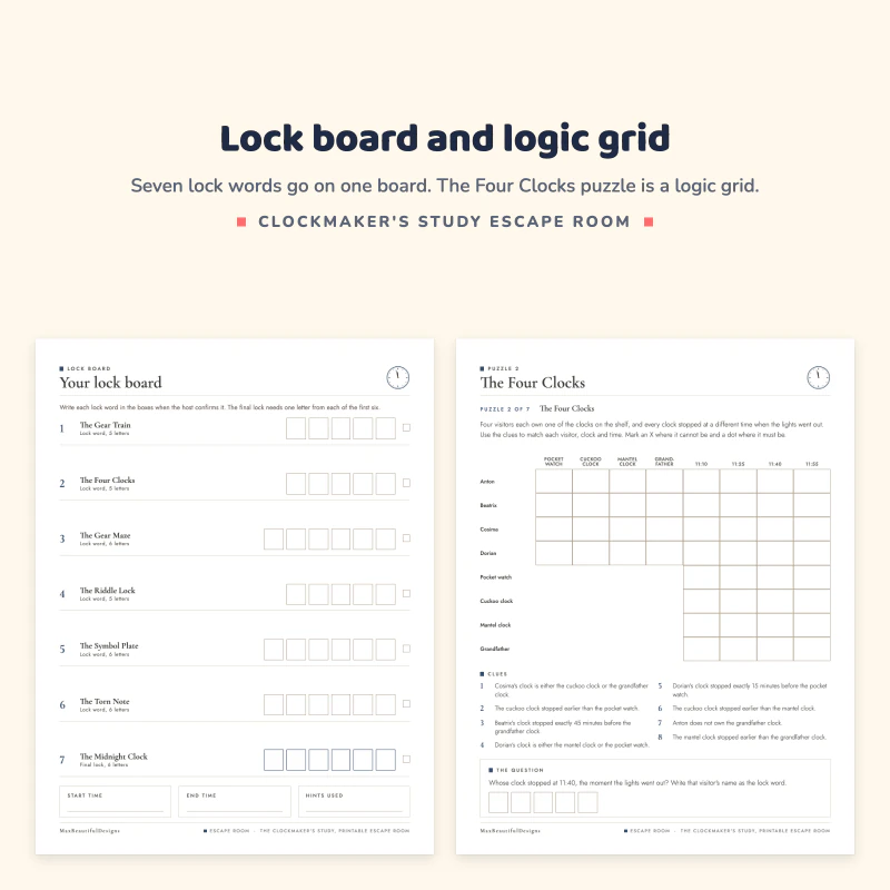Your lock board with seven rows of letter boxes next to The Four Clocks logic grid with clues