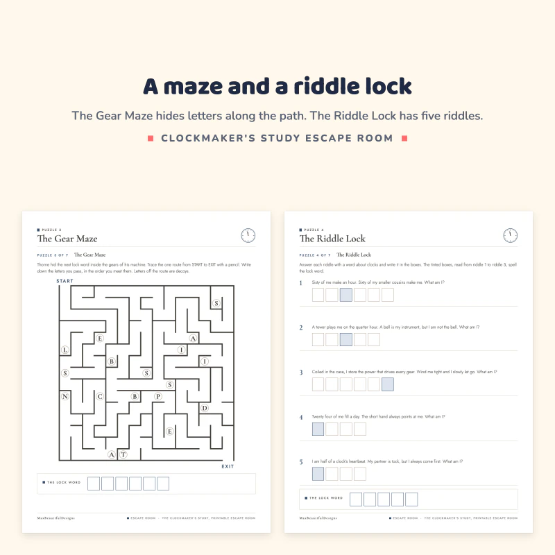 The Gear Maze page with a square maze and letters next to The Riddle Lock page with five numbered riddles