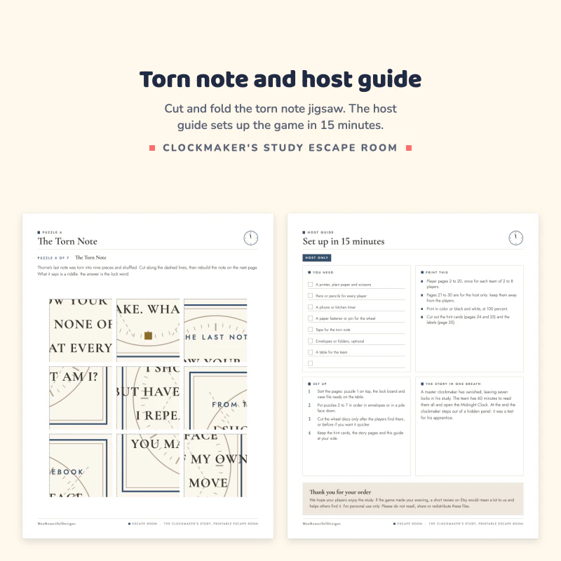 The Torn Note page with torn paper pieces of text next to the host guide Set up in 15 minutes checklist