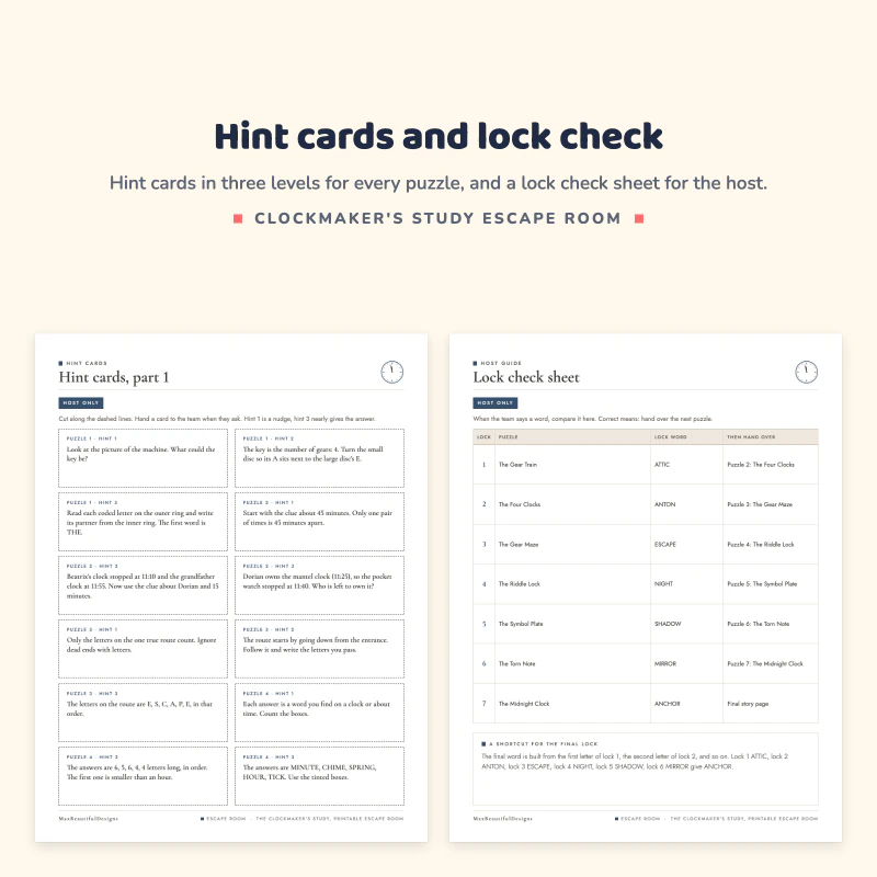 Hint cards part 1 page with cards to cut out next to the lock check sheet table of puzzles, lock words and what each opens