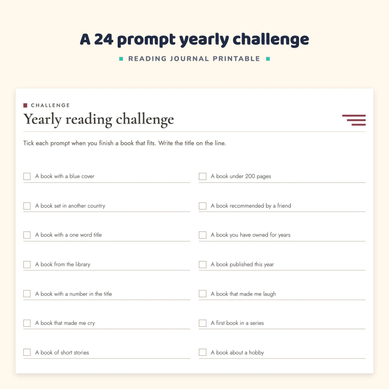 Yearly reading challenge with a checklist of 24 prompts such as a book from the library and a book with a number in the title