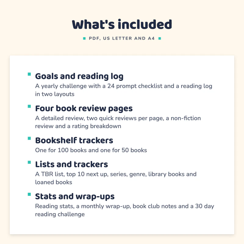 List of what is included in Reading Journal Printable: Goals and reading log, Four book review pages, Bookshelf trackers, Lists and trackers, Stats and wrap-ups.