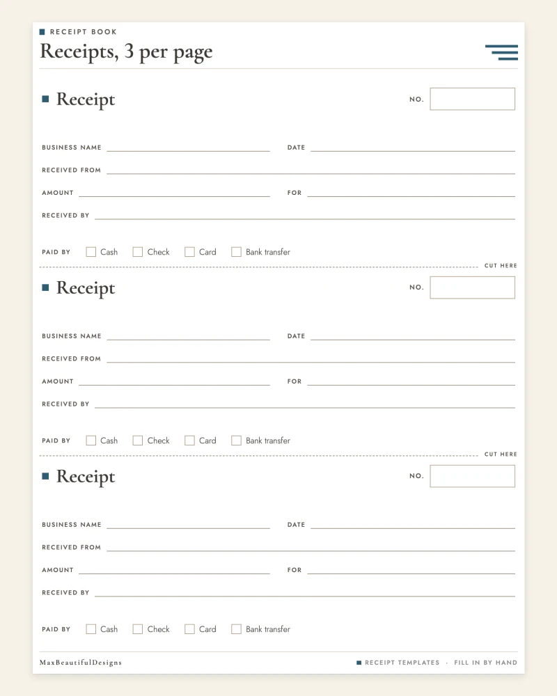 Top of the receipt book page: Receipt with number box, date, received from, amount, for and payment method check boxes