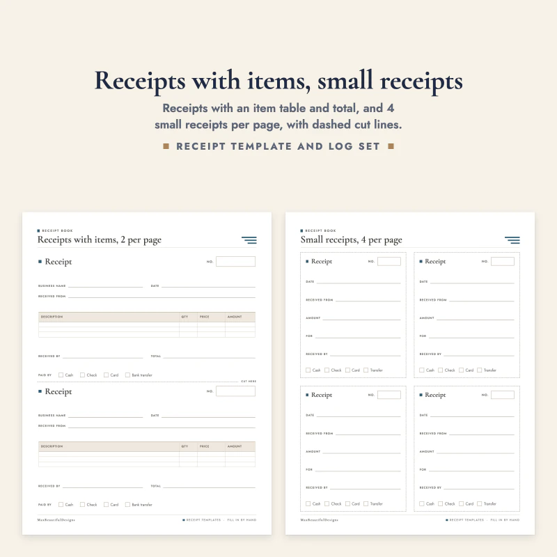 A page with two receipts with item tables, next to a page of four small receipts