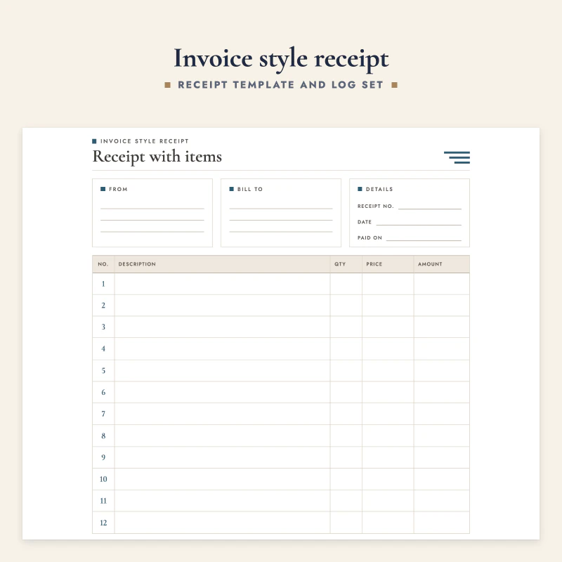 Receipt with items: from and bill to fields, details box and an item table with quantity, price and amount