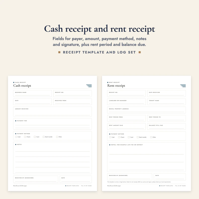 Cash receipt page next to a rent receipt page with rent period fields