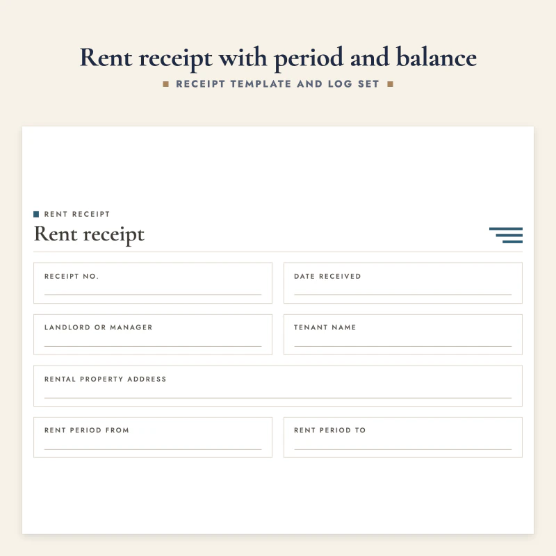 Top of the rent receipt: receipt number, landlord, tenant, rental property address, rent period and balance still due