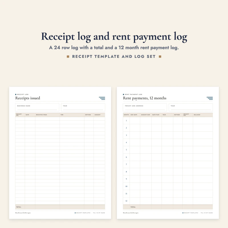 Receipts issued log page next to the rent payments, 12 months page