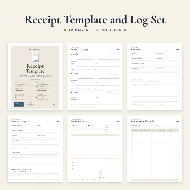 Receipt template and log set: the cover and five pages, receipt book page, rent receipt, donation receipt, invoice style receipt and rent payment log