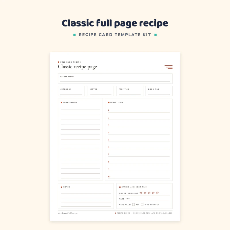 Top of the classic recipe page: recipe name, category, servings, prep and cook time, then ingredients and numbered directions