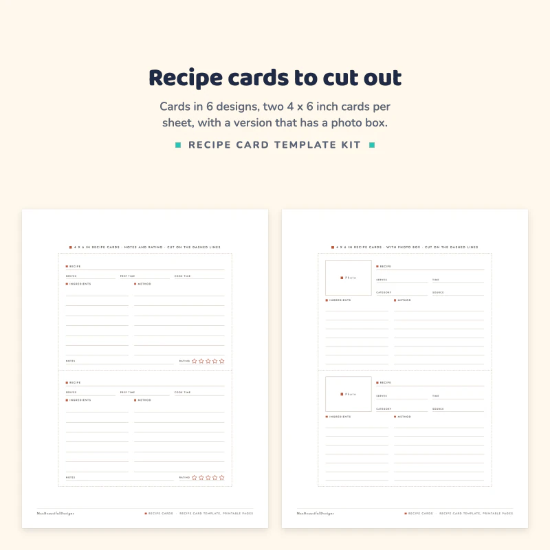 Sheet with two classic 4 x 6 inch recipe cards with star rating, next to a sheet with two cards that have photo boxes
