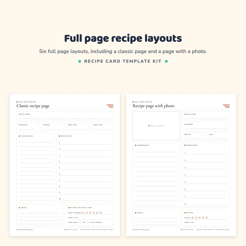 Classic recipe page with ingredients and directions, next to a recipe page with photo box and notes