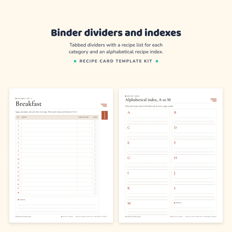 Breakfast divider page with numbered recipe lines and a red tab, next to an alphabetical index A to M
