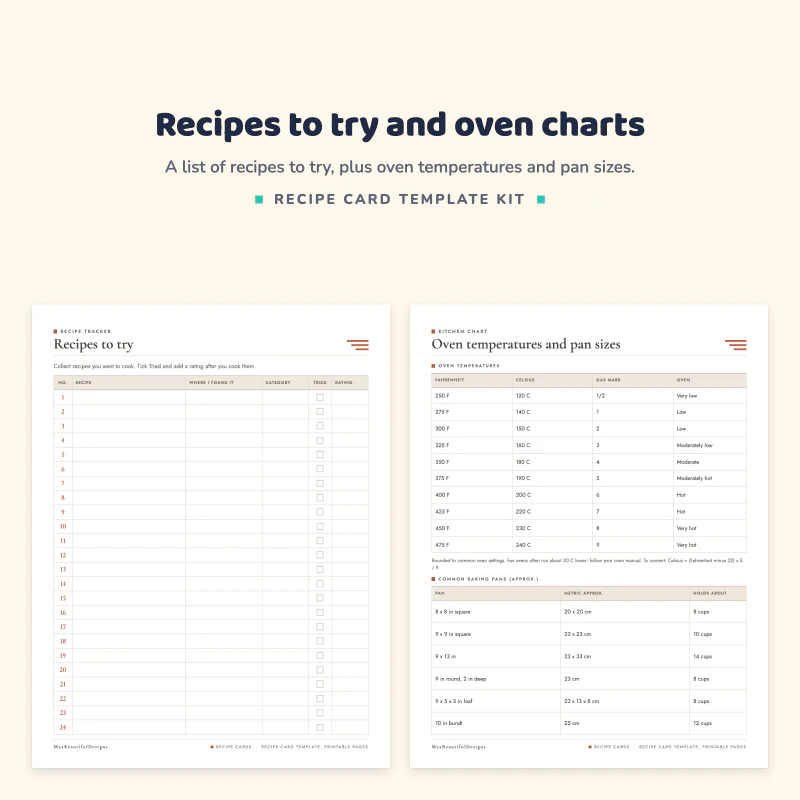 Recipes to try page with checkboxes, next to an oven temperatures and pan sizes chart