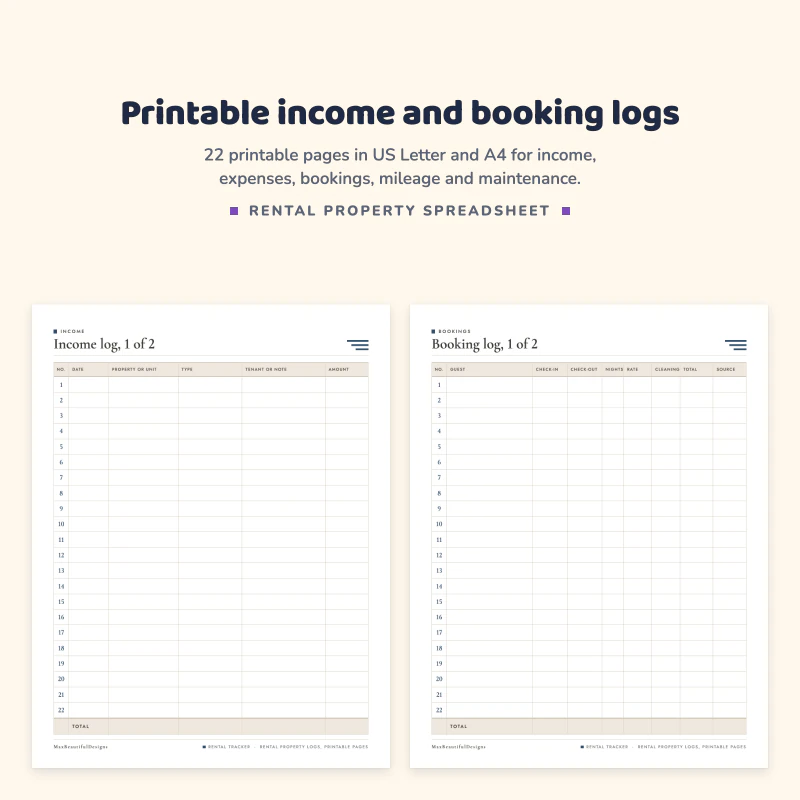 Income log page with numbered rows, next to a booking log page with guest, check-in, check-out and nights columns