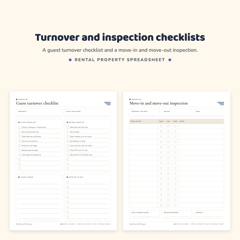 Guest turnover checklist page, next to a move-in and move-out inspection page