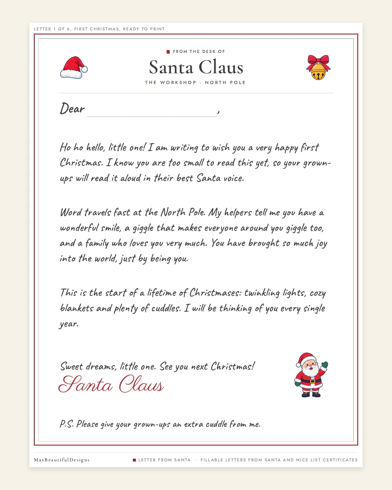A letter from Santa on North Pole letterhead with a typable line for the child's name, a warm text, Santa's signature and a P.S.