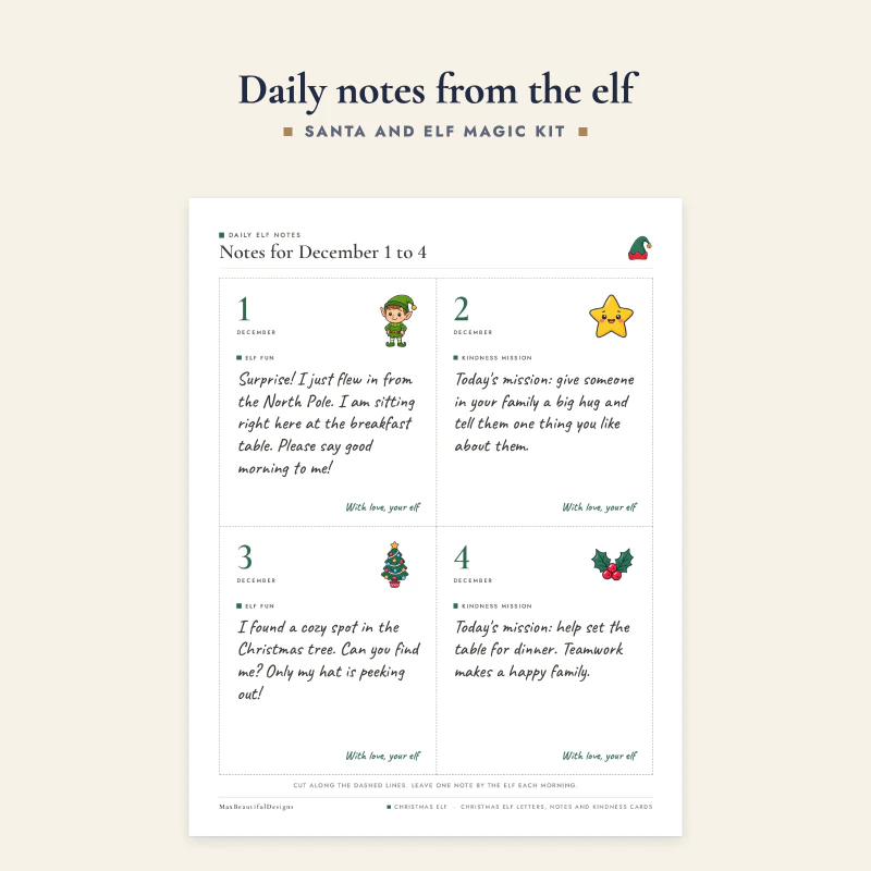 Four daily elf notes for December 1 to 4, each with a day number, a fun idea or a kindness mission and the sign-off from the elf