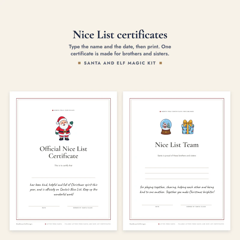 An official Nice List certificate with Santa, and a Nice List Team certificate for siblings with three name lines