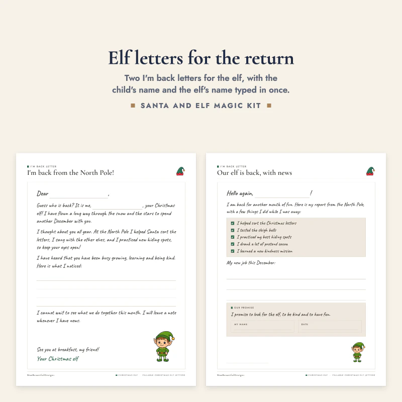 Two I'm back letters from a Christmas elf, one with a space for what the elf noticed and one with a report from the North Pole and a promise