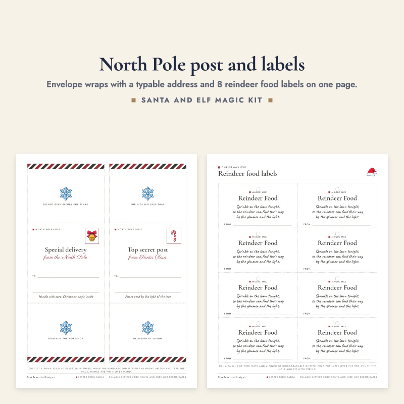 Two North Pole envelope wraps to cut out and a page of 8 reindeer food labels