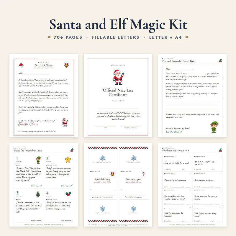 Santa and Elf Magic Kit: six real pages, a letter from Santa, a Nice List certificate, an elf I'm back letter, daily elf notes, North Pole envelope wraps and kindness mission cards