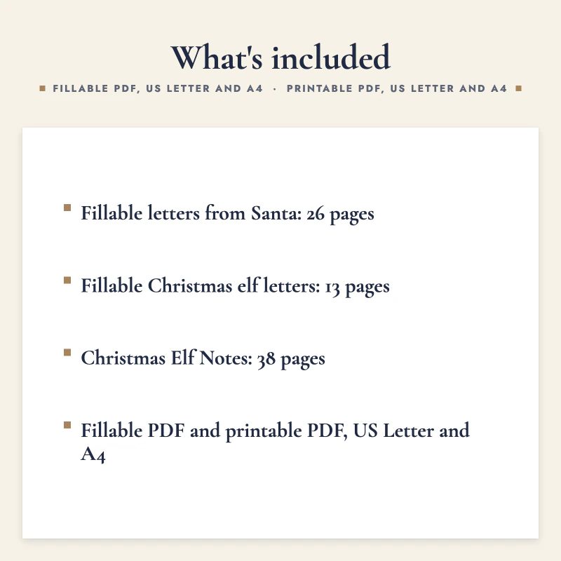 List of what is included in Santa and Elf Magic Kit: Fillable letters from Santa: 26 pages, Fillable Christmas elf letters: 13 pages, Christmas Elf Notes: 38 pages, Fillable PDF and printable PDF, US Letter and A4.