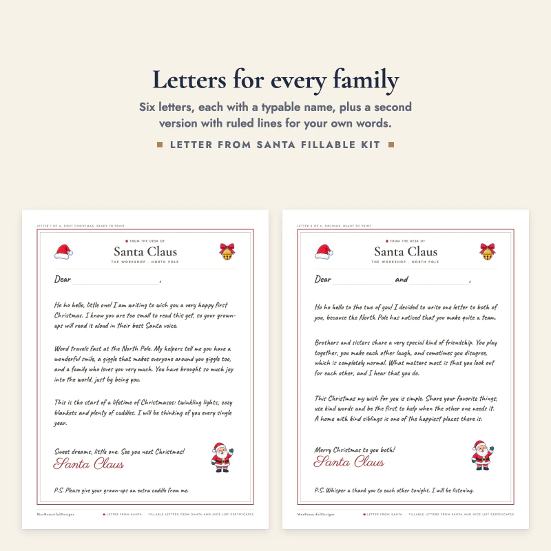 A letter with a Dear line and a letter for two siblings with two name lines, both framed in red with Santa's signature