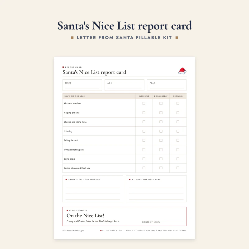 Top of the Nice List report card: name, age and year boxes and a table of kind behaviors with tick boxes for Superstar, Good job and Growing