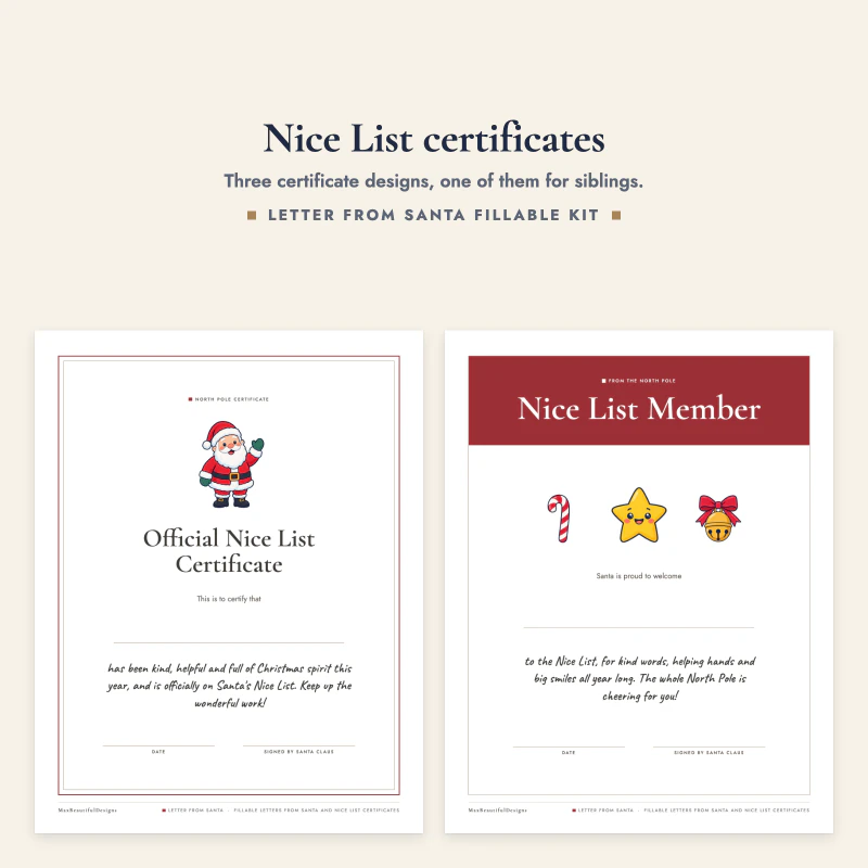 Official Nice List Certificate with Santa picture next to a red Nice List Member certificate with candy cane, star and bell