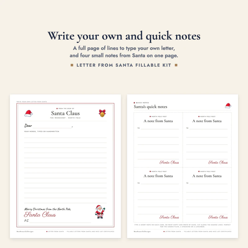 A blank Santa letter page with ruled lines, next to a page of four Santa quick note cards
