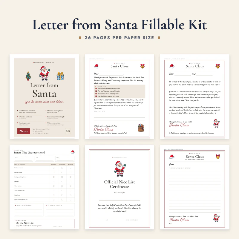 Fillable letter from Santa kit: the cover, a letter from Santa Claus, a siblings letter, the Nice List report card, an Official Nice List Certificate and a page of ruled lines to write your own letter
