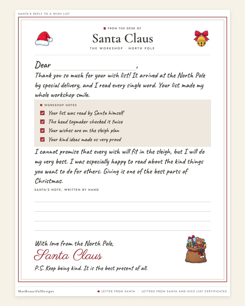 Top of a Santa letter with the North Pole header, a Dear line for the child's name and the first paragraphs thanking the child for the wish list