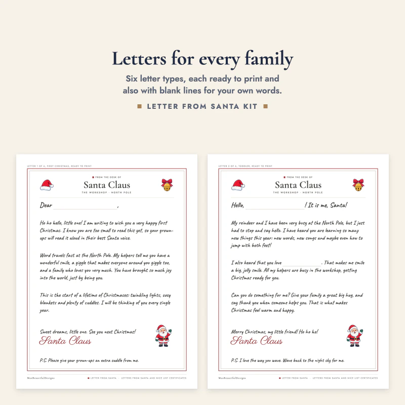 A toddler letter and a letter that starts Hello, It is me, Santa, both framed in red with Santa's signature at the bottom