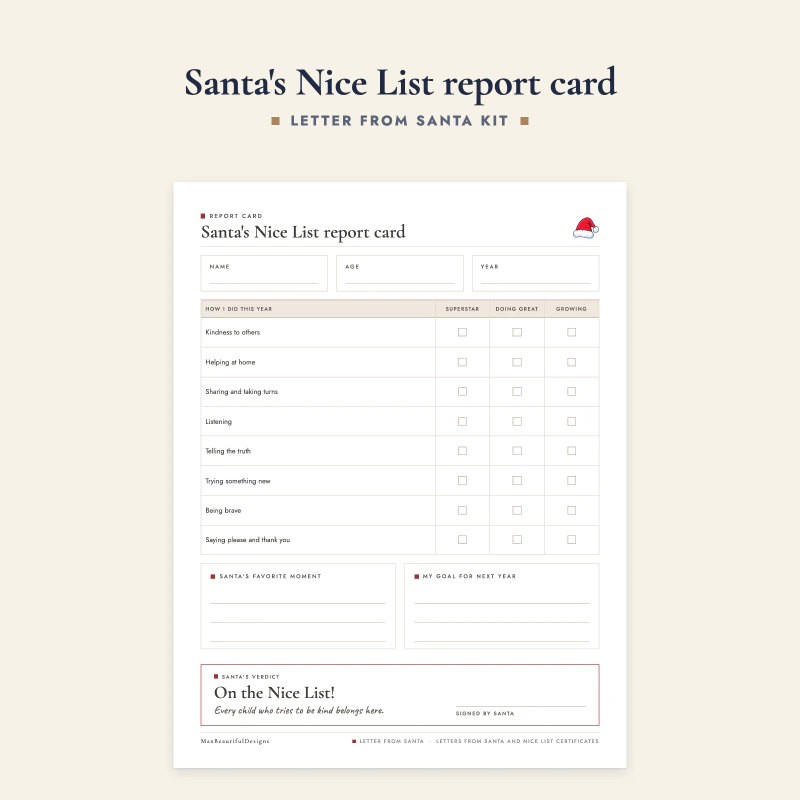 Top of the Nice List report card: name, age and year boxes and a table of kind behaviors with tick boxes for Superstar, Good job and Growing