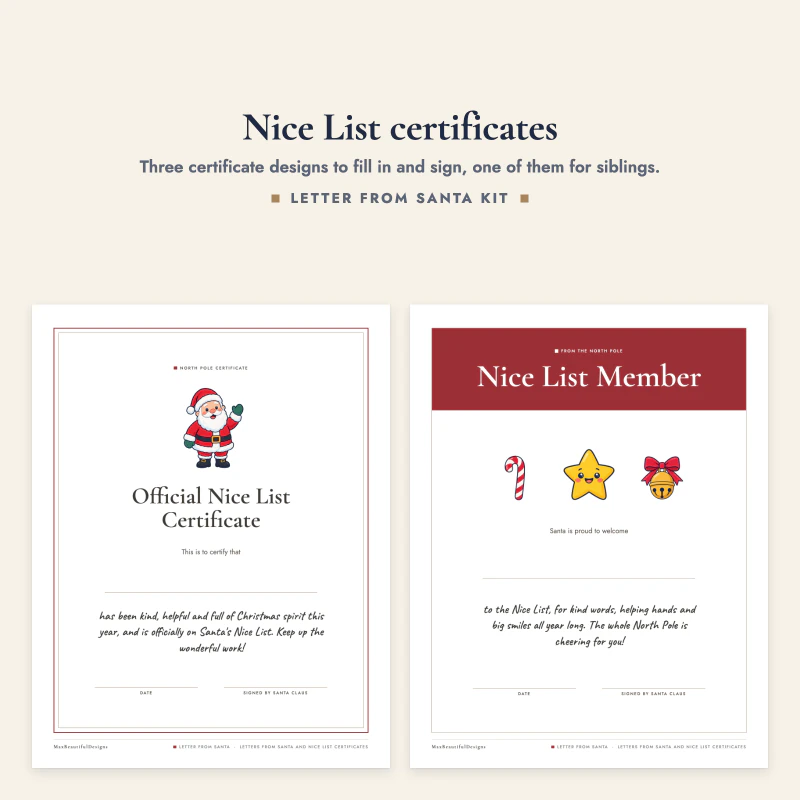 Official Nice List Certificate with Santa picture next to a red Nice List Member certificate with candy cane, star and bell