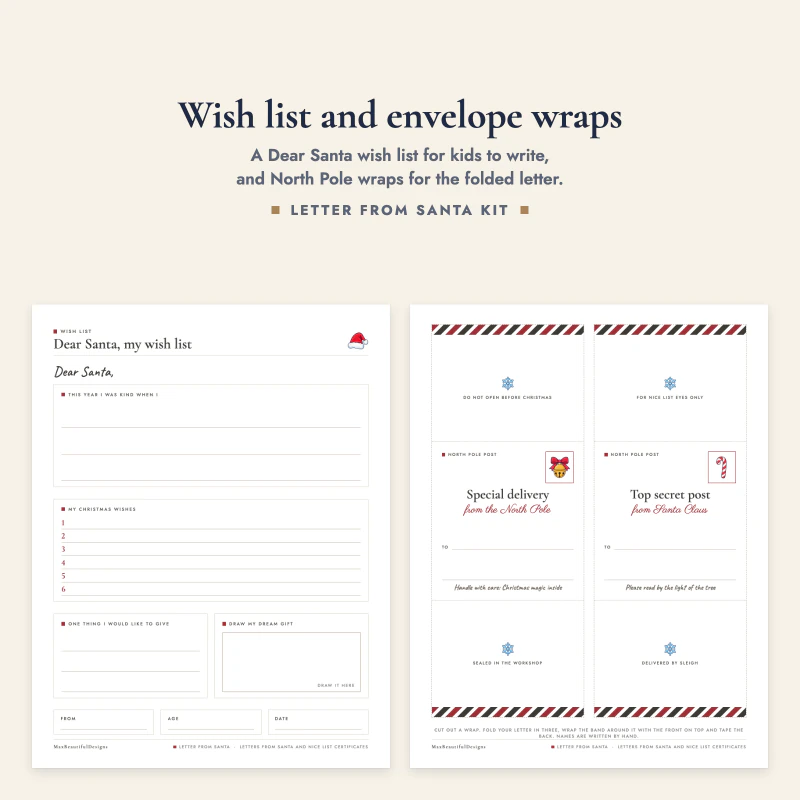 The Dear Santa my wish list page with lines and a drawing box, next to a page of red and white striped North Pole envelope wraps