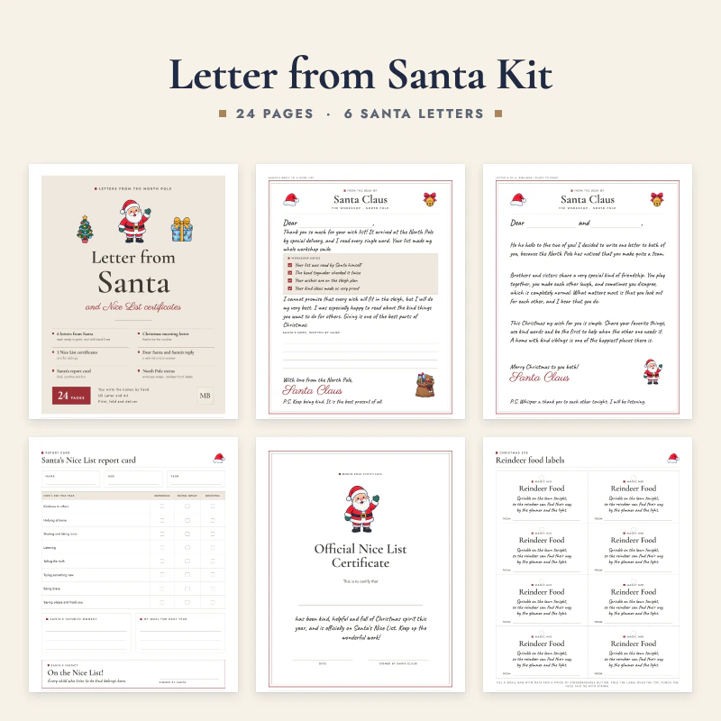 Letter from Santa kit: the cover, a thank you letter from Santa Claus, a letter for siblings, the Nice List report card, an Official Nice List Certificate and the reindeer food labels