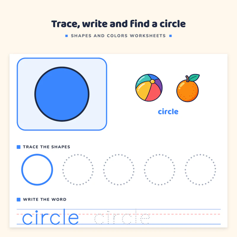 Circle page: a big blue circle with a ball and an orange, four circles to trace, the word circle to write and a find and color grid of shapes